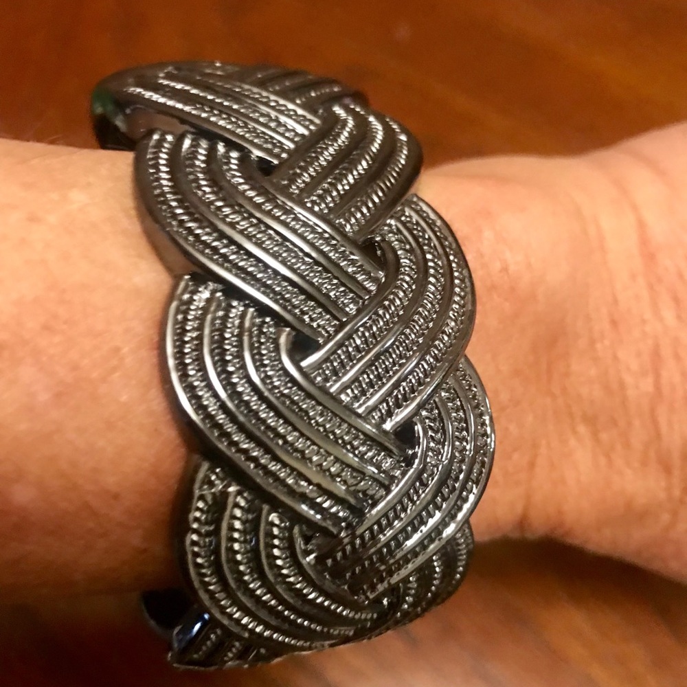 Bracelet Silver Black Braided Bangle Hinge Clasp